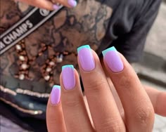 Cool French Tip Nails Short, Summer Powder Dip Nails 2023, Nails August 2023 Trends, Summer Gel Mani, Neon Pink And Purple Nails, Color French Nails Summer, Purple Nails Designs Summer, Summer Dipped Nails, Purple Nails Summer