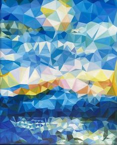 an abstract painting with blue, yellow and white colors