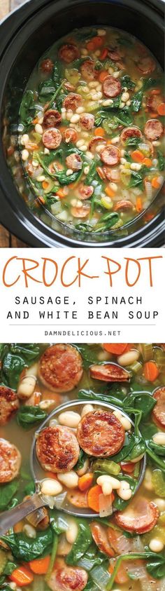 crock pot vegetable soup with sausage and spinach in a slow - cooker