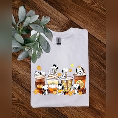 Super Cute Tee. On Gildan Adult Unisex 50/50 White Tee Shirt. Made With Sublimation. Ships Within 3 Business Days. Snoopy Fall, Cute Snoopy, White Tee Shirt, White Tee Shirts, Fall Coffee, Fall Tee, Autumn Coffee, White Tee, Fall Trends