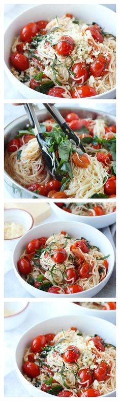 four pictures of different types of food in white bowls with spoons and tomatoes on top