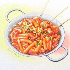 a painting of some food in a pan with chopsticks sticking out of it