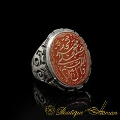 Allahumma Salli `Alaa Sayyidinaa Muhammadini Salawat Red Yemeni Aqeeq Ring by Boutique Ottoman Exclusive Jewelry Shop. Check our classic and notable 925 sterling silver jewelry. Free Worldwide Express Shipping! 3d Printer Jewelry, Aqeeq Ring, Calligraphy Styles, Mens Ring, Exclusive Jewelry, Silver Engagement Rings, Onyx Stone, 925 Sterling Silver Jewelry, 925 Sterling Silver Ring