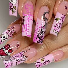 Ed Hardy Nails, Nails Vacay, Valentines Nails French, Duck Nails Short, French Tip Nails Pink, Azul Nails, Nails Sanrio, Nails Freestyle