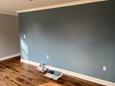 an empty room with blue walls and wood floors