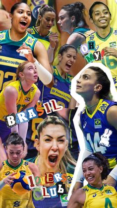 collage of women's volleyball players in yellow and blue uniforms with the words brazil on them