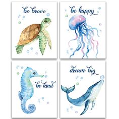 four watercolor paintings with sea animals and words