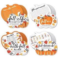 four pumpkin themed stickers with the words hello fall written on them