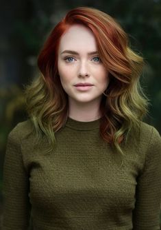 Brown And Coloured Hair, Red Hair With Green Highlights, Copper And Green Hair, Ginger And Green Hair, Moss Green Hair, Green And Red Hair, Green Balayage, Red Hair Fade