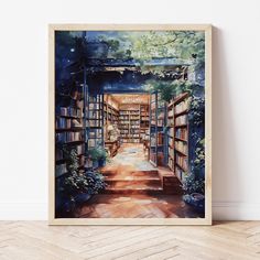 a painting of a library with bookshelves and plants