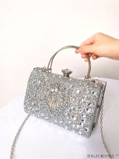 BagForLove - Chic Chain Strap Box Bag with Glamorous Rhinestone Embellishments Glamorous Crystal Rectangular Bag, Glamorous Rectangular Crystal Bag, Glamorous Rectangular Crystal Bags, Rectangular Crystal Bag With Bling, Silver Box Bag For Events, Silver Crystal Rectangular Bag, Silver Rectangular Crystal Bag, Rectangular Silver Crystal Bag, Silver Crystal Bag For Gift