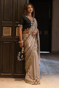 Buy Grey Saree Silk Chiffon Embroidered Lace Scoop Neck With Work Blouse For Women by Tarun Tahiliani Online at Aza Fashions. Scallop Border Saree, Gotapatti Saree, Pink Saree Silk, Embroidered Vines, Beige Saree, Draping Styles, Saree Draping, Saree Designer