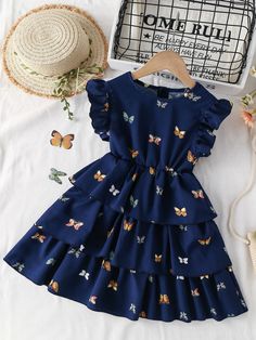 Navy Blue Cute Collar Cap Sleeve Fabric Butterfly A Line Embellished Slight Stretch  Young Girls Clothing Kids Dress Collection, African Dresses For Kids, Kids Frocks Design, Girls Frock Design, Cute Dress Outfits, Kids Fashion Dress, Kids Designer Dresses