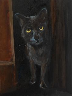 a painting of a black cat with yellow eyes standing in front of an open door