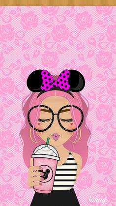 a girl with pink hair and glasses holding a drink in her hand while wearing minnie ears