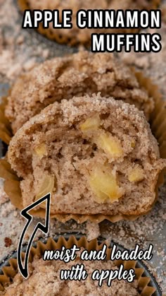 an apple cinnamon muffin is cut in half and placed on top of another muffin