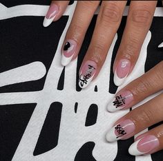 Stussy Painting, Stussy Nails, Random Nails, College Nails, Summery Nails, French Acrylic Nails, Almond Acrylic Nails, Nails Desing