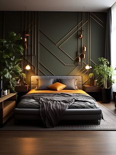 a modern bedroom with green walls and gold accents on the headboard, along with potted plants