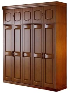 a large wooden cabinet with many doors on the front and side panels, all in dark wood