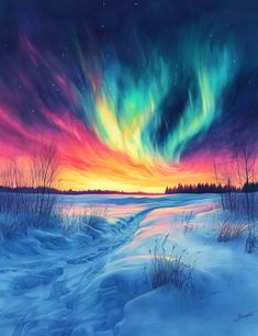 a painting of an aurora bore in the sky above snow covered ground with trees and grass