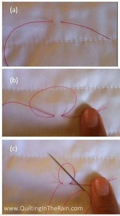 two pictures showing how to sew with the sewing needle and thread in between them