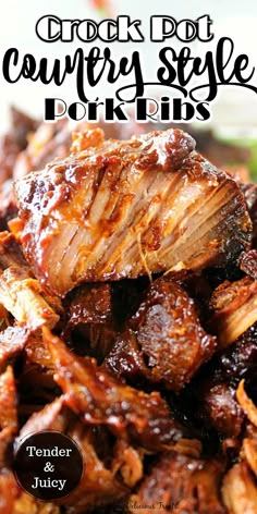 the cover of crock pot country style pork ribs, featuring tender juicy barbecue meat