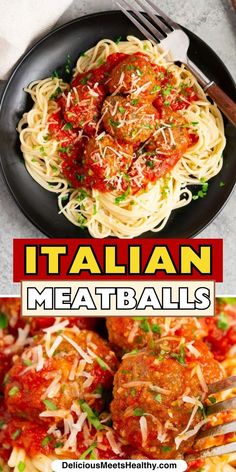 italian meatballs with sauce and parmesan cheese on top are shown in this collage