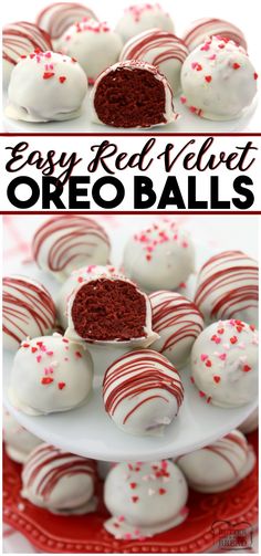 red velvet cake truffles with white frosting and sprinkles