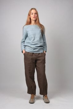 "Homemade with love and care Oeko-tex certified 100% linen loose trousers which are crafted by local tailors in Lithuania (EU member). They go perfectly with any of our blouses (you will find below some recommendations)! Look sharp all day long! Pockets: side seam Waistband: elastic Details: *100% eco-friendly pure linen *Colour shown: wood brown *Model is wearing size M *High-waisted *Deep pockets *Medium weight (185 g) *Not-ironed (and no need to) *Handcrafted by @LinenCloud Easy care: - Machi Flax-colored Relaxed Fit Linen Wide Leg Pants, Relaxed Fit Flax Linen Wide Leg Pants, Relaxed Fit Linen Wide Leg Pants In Flax Color, Flax Linen Pants With Elastic Waistband, Loosely Fitted Straight Pants In Flax Color, Relaxed Fit Linen Trousers, Baggy Linen Pants With Tapered Leg, Flax Linen Trousers, Flax Linen Pants For Loungewear