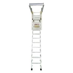 a ladder that is standing up against a white background with the bottom section open and one end closed