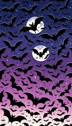 bats flying in the night sky with moon and stars above them, as if for halloween