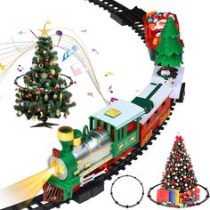 PRICES MAY VARY. Christmas Tree Train Decoration: this Christmas tree electric train is designed with a locomotive that glows and sings, a sleigh car with Santa Claus, a flatbed car with a snowman and a Christmas tree, and a green train compartment, which will add more fun and color to the Christmas tree Reliable Quality: these toy trains and train track set are made of reliable ABS material smooth edge without burrs, not easy to break and fade, includes 1 x locomotive engine, 3 x train carriage Christmas Tree Train Set, Christmas Tree Train, Christmas Train Set, Train Decor, Toy Trains Set, Holiday Train, Express Train, Gift Drawing, Holiday Toys