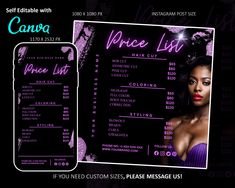 a flyer for a hair salon with an image of a woman in purple and black