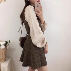 Vintage Clothing Styles, Vintage Pinafore, Brown Mini Dress, Button Shirt Dress, Academia Style