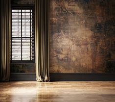 an empty room with wooden floors and curtains on the windowsill, in front of a large painting