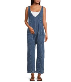 From Free People&#x2C; this jumpsuit features: Denim fabrication Scoop necklineSleeveless Low backSide pockets Oversized Pull-on construction Approx. 25" inseam Cotton Machine wash/dry flat Imported. Oversized Jumpsuit Outfit, Oversized Jumpsuit, High Roller, Jumpsuit Outfit, Sleeveless Jumpsuits, Denim Overalls, Dillard's, Dungarees, Jumpsuit Romper