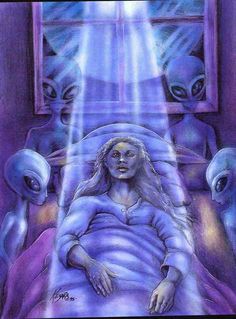 a drawing of a woman laying in bed with aliens surrounding her