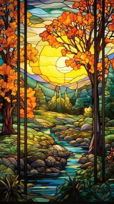 a stained glass window with trees in the foreground and a river running through it