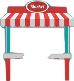 a red and white striped market tent with the word market on it's side