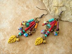 Boho Earrings, Bohemian Colorful Leaf Earrings, Tribal Earrings, Boho Hippie Gypsy Earrings, Boho Fashion, Casual Dangle Earrings Boho Fashion Casual, Autumn Earrings, Mode Boho, Fall Earrings, Earrings Bohemian, Earrings Boho, Leaf Earrings