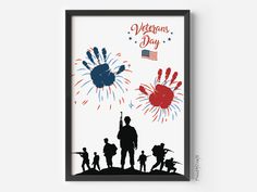 a poster with the silhouettes of soldiers and hand prints that say, veterans day