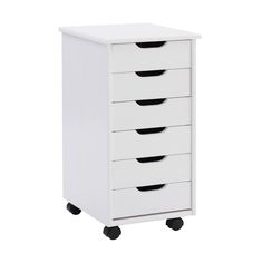 a white cabinet with five drawers on wheels