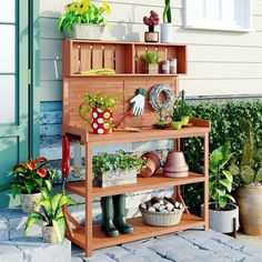 a potting bench with gardening tools on it