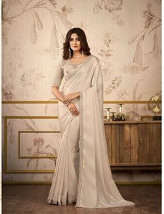 Buy a Beige Satin Organza Saree On Rutbaa Satin Saree Blouse, Saree With Heavy Blouse, Heavy Blouse, Off White Saree, Simple Saree Designs, Plain Saree, Simple Sarees, White Saree, Satin Saree