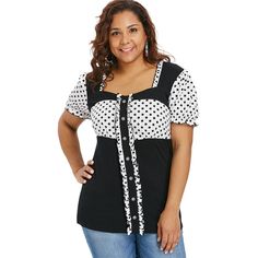 Plus Size Ruffle Polka Dot Sweetheart Neck T-shirt - Black - 3T81947112 - Women's Clothing, Plus Size Women's Clothing  #PlusSizeWomensClothing #Women's #Clothing # #Plus #Size #Women's #Clothing Ruffles Pattern, Lace Tunic Tops, Rayon Shirt, Plus Size Vintage, Trendy Plus Size Clothing, Plus Size Womens Clothing, Sweetheart Neck, Plus Size T Shirts, Plus Size Tops