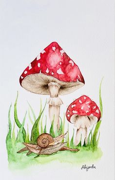 watercolor painting of two mushrooms in the grass with hearts on their caps and tails