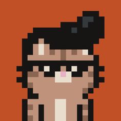 an image of a pixellated cat with black hair and glasses on it's head