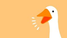 a white duck with an orange beak has its mouth open