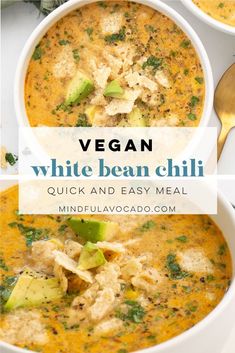 two bowls of vegan white bean chili with avocado