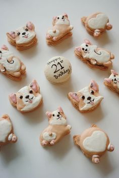 there are many decorated cookies that have dogs on them and the number twenty five is in the middle